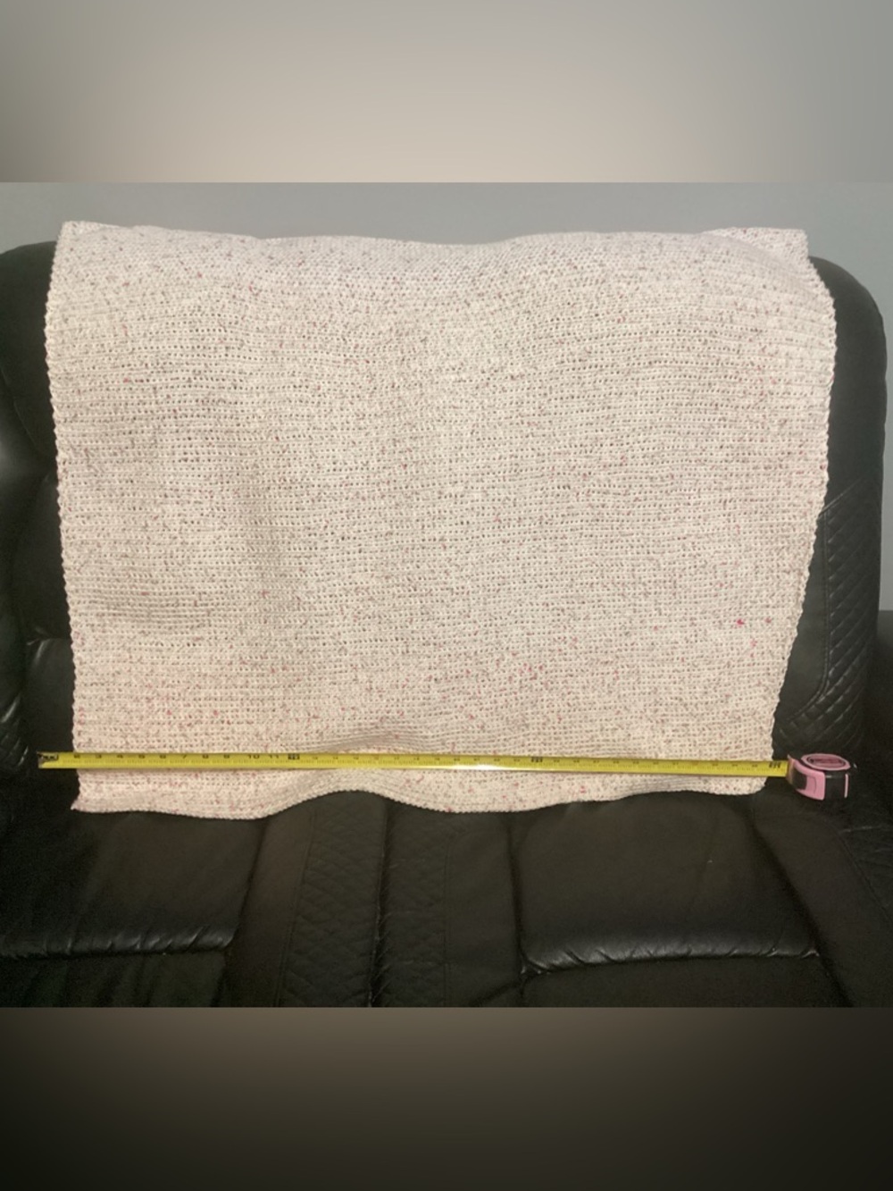 Hand-crochet white and pink 3”x3” toddle blanket